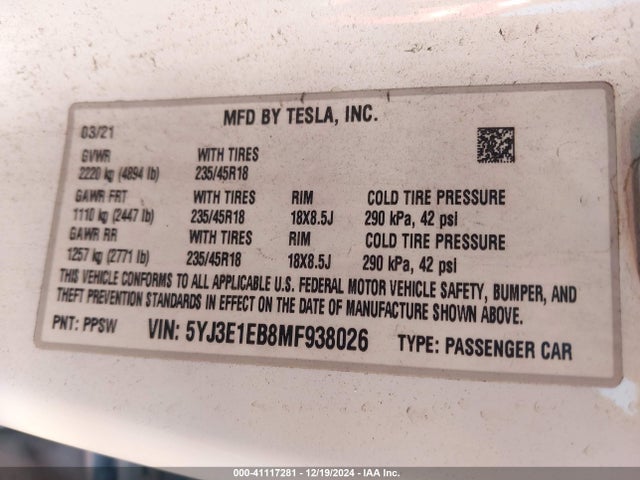 2021 TESLA MODEL 3 5YJ3E1EB8MF938026 Photo 8