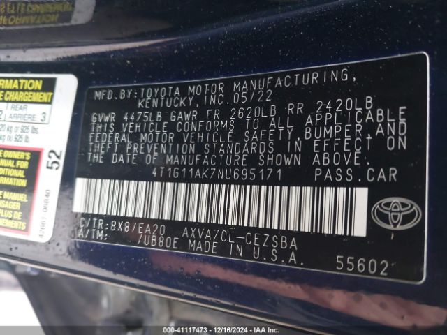4T1G11AK7NU695171 Toyota CAMRY SE