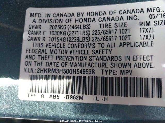 Honda CR-V EX 2016 2HKRM3H50GH548638 Image 9
