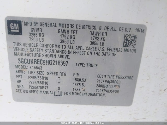 Chevrolet Silverado 1500 2lt 2017 3GCUKREC9HG218397 Image 9