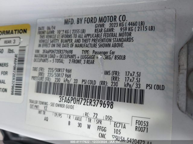3FA6P0H72ER379698 Ford FUSION SE