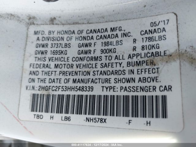 2HGFC2F53HH548339 Honda Civic Lx