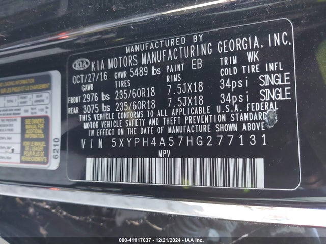 5XYPH4A57HG277131 KIA Sorento 3.3l Ex