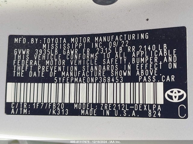 Toyota COROLLA LE 2022 5YFEPMAE0NP368453 Image 9