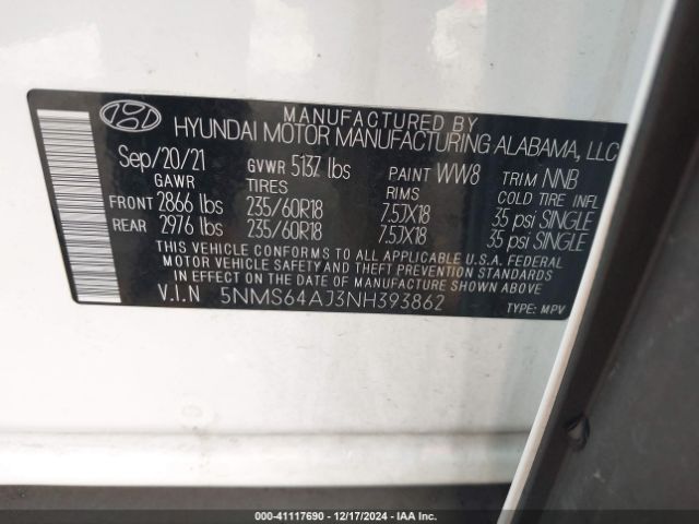 5NMS64AJ3NH393862 Hyundai Santa Fe Sel