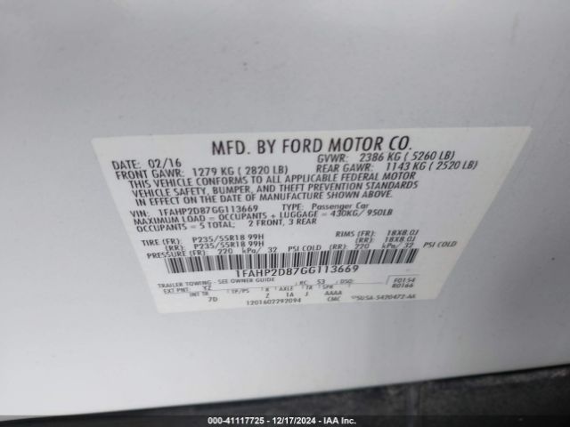 1FAHP2D87GG113669 Ford TAURUS SE