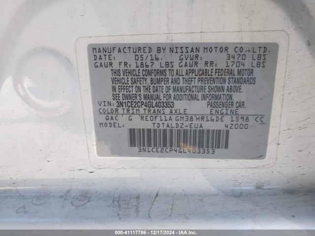 3N1CE2CP4GL403353 Nissan Versa Note S (sr)/s Plus/sl/sr/sv