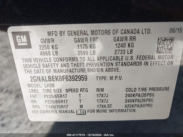 Chevrolet EQUINOX 1LT 2015 2GNALBEK8F6392959 Image 9