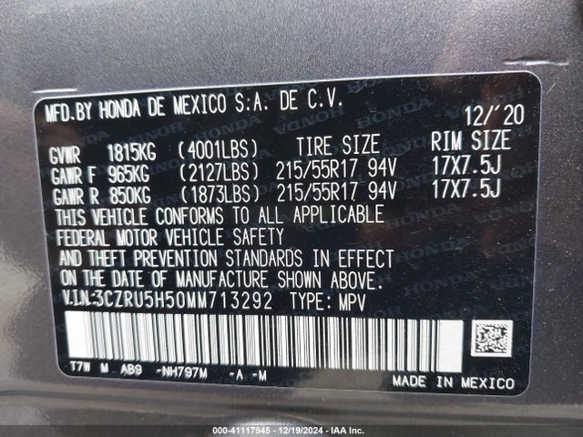 3CZRU5H50MM713292 Honda Hr-v 2wd Ex