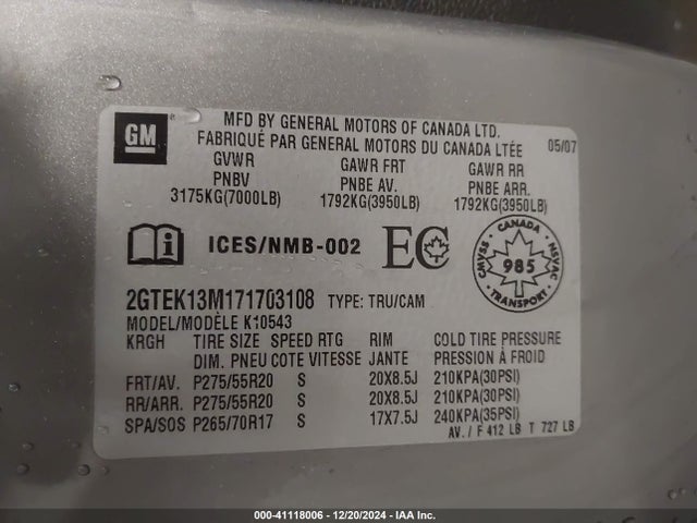 Aukcja sprzedaży 2007 Gmc Sierra 1500 Sle1/sle2/slt/work Truck, vin: 2GTEK13M171703108, numer aukcji: 41118006