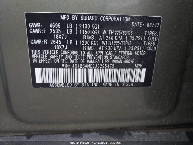 Subaru Outback 2.5i Limited 2018 4S4BSANC9J3225475 Image 9