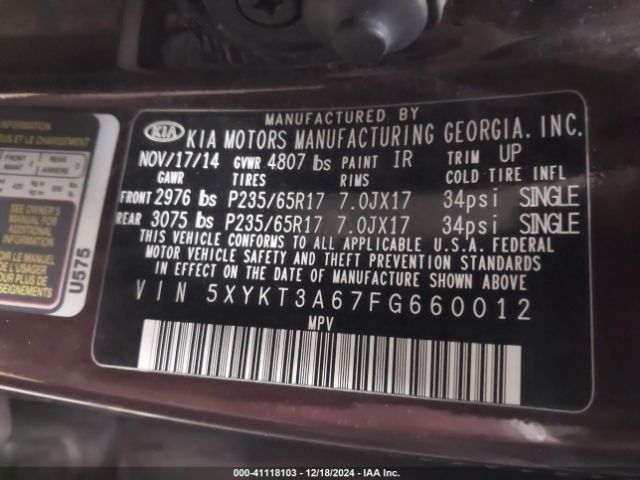 5XYKT3A67FG660012 KIA SORENTO LX