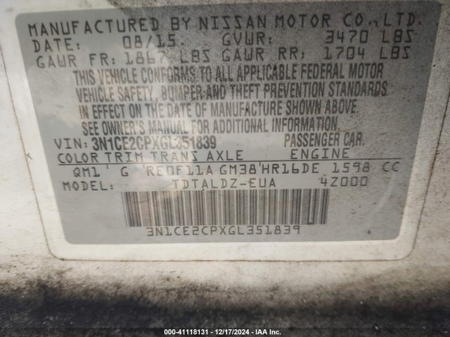 Nissan Versa Note S (sr)/s Plus/sl/sr/sv 2016 3N1CE2CPXGL351839 Image 9
