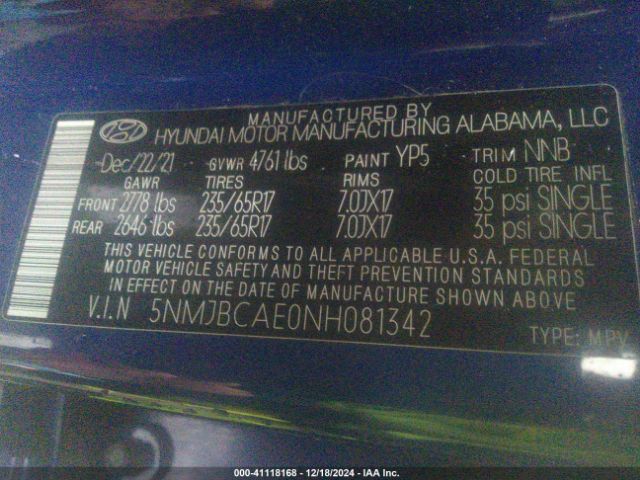5NMJBCAE0NH081342 Hyundai TUCSON SEL