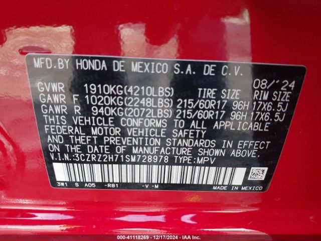 3CZRZ2H71SM728978 Honda Hr-v Awd Ex-l