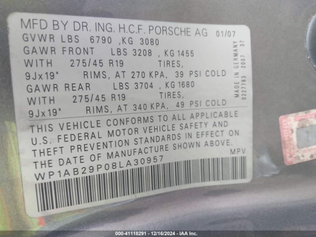 2008 PORSCHE CAYENNE WP1AB29P08LA30957 Photo 8