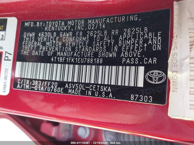 4T1BF1FK1EU788188 Toyota CAMRY SE