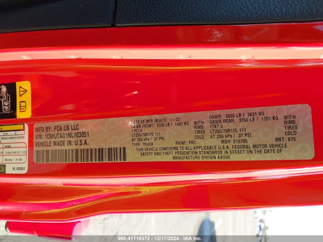 Jeep Gladiator Willys Sport 4x4 2022 1C6HJTAG1NL103051 Image 9