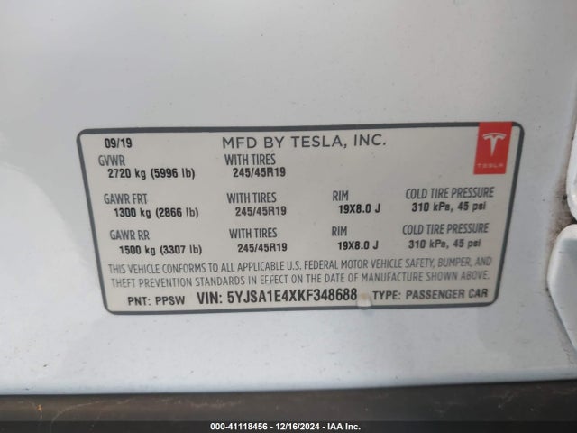 2019 TESLA MODEL S 5YJSA1E4XKF348688 Photo 8