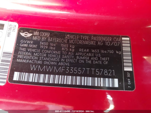 2007 MINI COOPER WMWMF33557TT57821 Photo 8