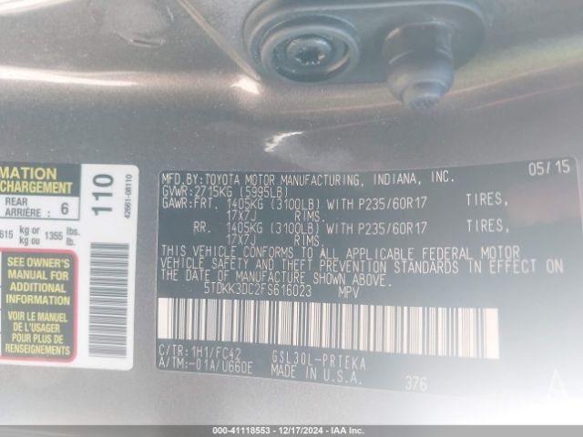 5TDKK3DC2FS616023 Toyota Sienna Le 8 Passenger