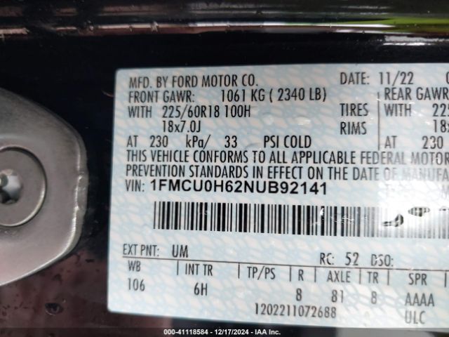 1FMCU0H62NUB92141 Ford ESCAPE SEL