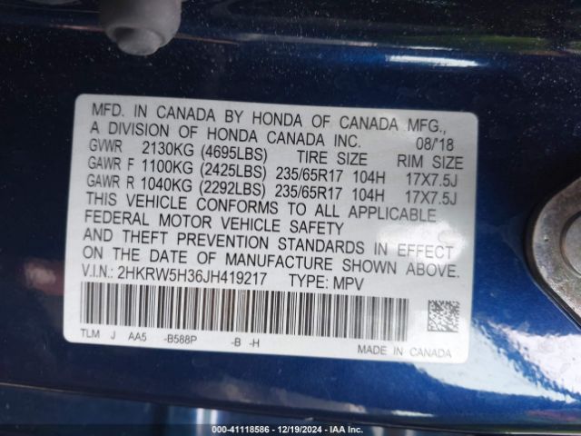 2HKRW5H36JH419217 Honda CR-V LX