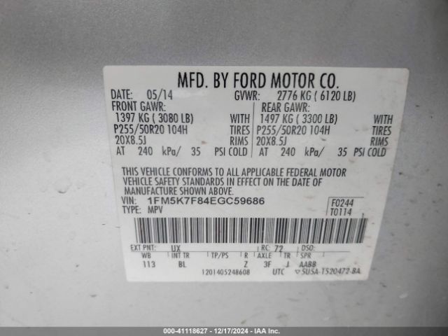 1FM5K7F84EGC59686 Ford Explorer Limited