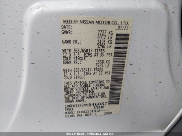 1N6ED1EK9NN646087 Nissan Frontier Sv 4x4