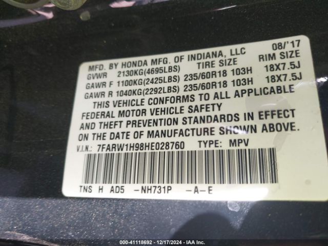 7FARW1H98HE028760 Honda Cr-v Touring