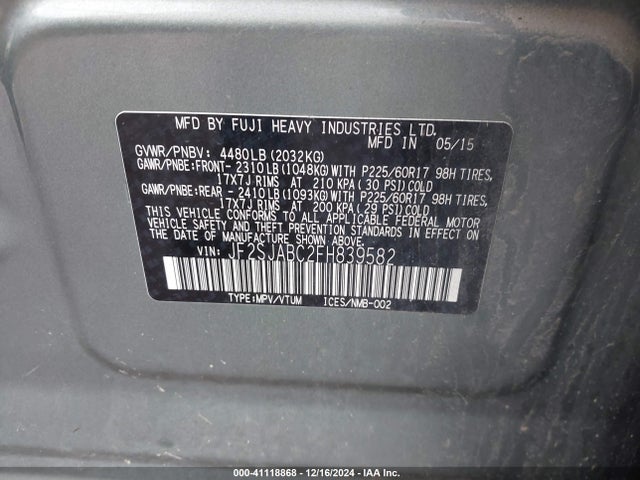 Subaru Forester 2.5i 2015 JF2SJABC2FH839582 Image 9