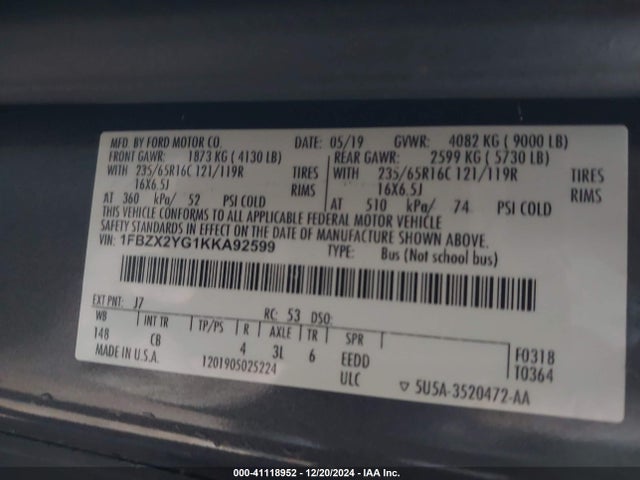 1FBZX2YG1KKA92599 Ford Transit-350 Xlt