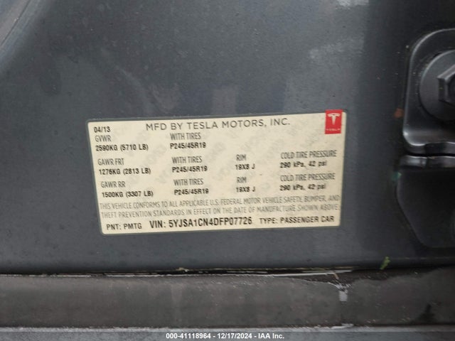 2013 TESLA MODEL S 5YJSA1CN4DFP07726 Photo 8