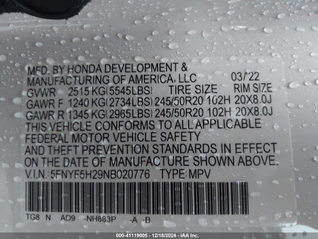 Honda Pilot 2wd Special Edition 2022 5FNYF5H29NB020776 Image 9