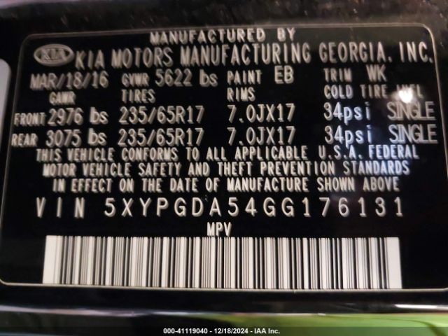 5XYPGDA54GG176131 KIA Sorento 3.3l Lx