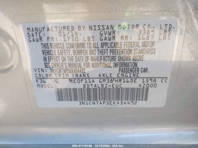 Nissan Versa 1.6 Sv 2014 3N1CN7AP5EK454492 Image 9