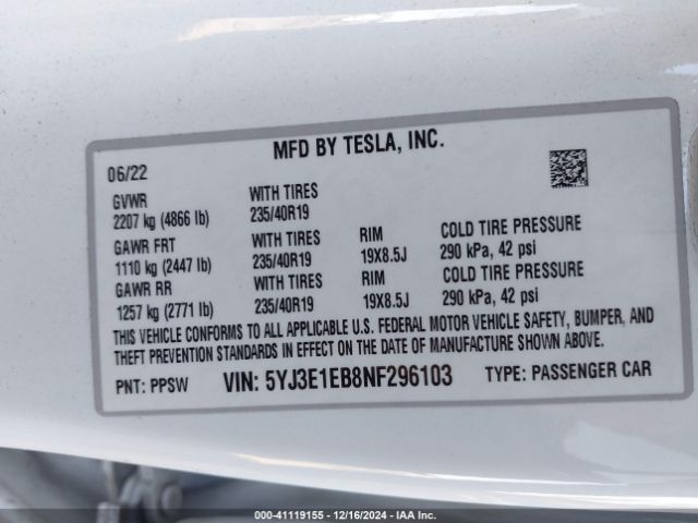 5YJ3E1EB8NF296103 Tesla Model 3 Long Range Dual Motor All-wheel Drive