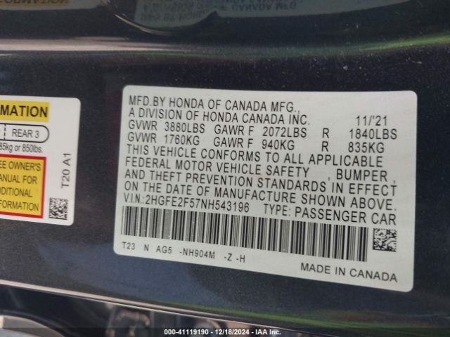 2HGFE2F57NH543196 Honda Civic Sport