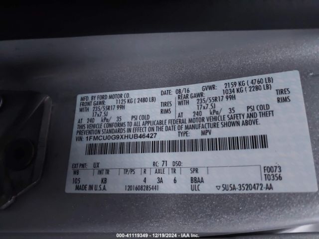 1FMCU0G9XHUB46427 Ford ESCAPE SE
