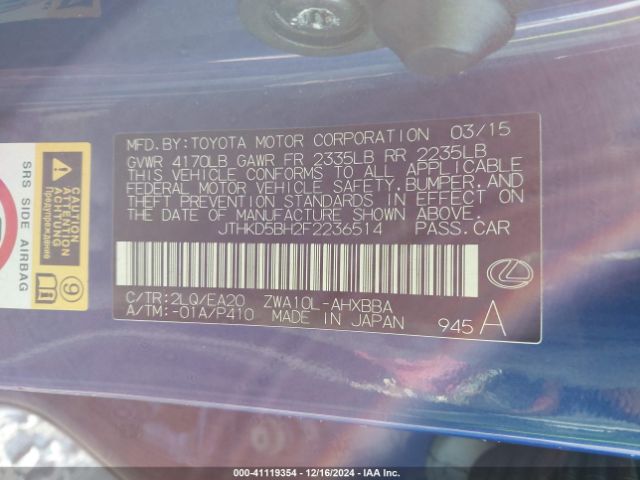 JTHKD5BH2F2236514 Lexus CT 200H