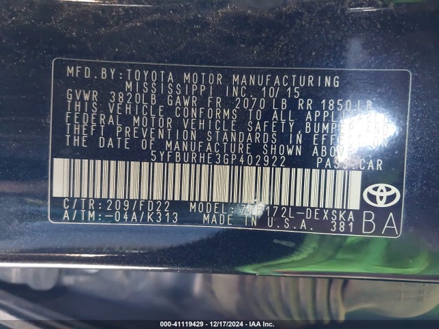 Toyota Corolla S Plus 2016 5YFBURHE3GP402922 Image 9