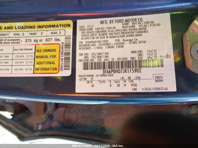 Ford FUSION SE 2018 3FA6P0HD7JR175902 Image 9