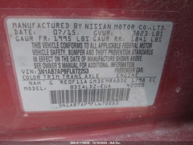 3N1AB7AP9FL672253 Nissan Sentra Fe+ S/s/sl/sr/sv