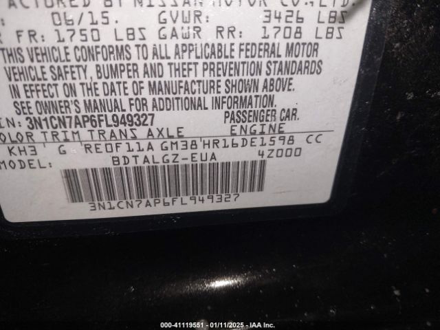 3N1CN7AP6FL949327 Nissan Versa 1.6 Sl