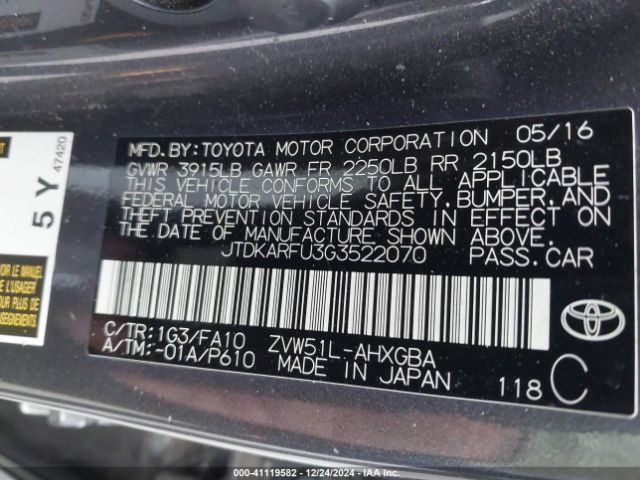 JTDKARFU3G3522070 Toyota Prius Three