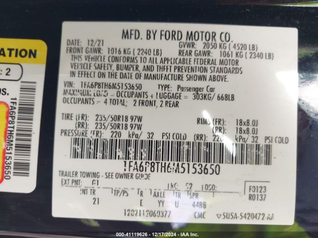 1FA6P8TH6M5153650 Ford Mustang Ecoboost Fastback