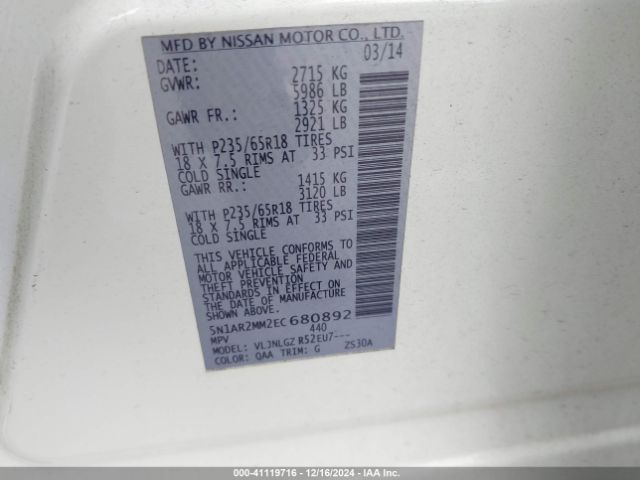 5N1AR2MM2EC680892 Nissan Pathfinder Sl