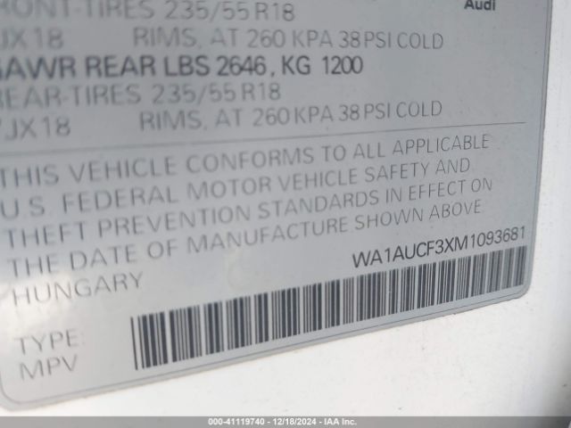 WA1AUCF3XM1093681 Audi Q3 Premium 40 Tfsi Quattro Tiptronic