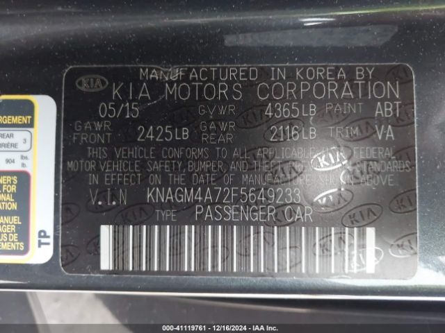 KNAGM4A72F5649233 KIA Optima Lx