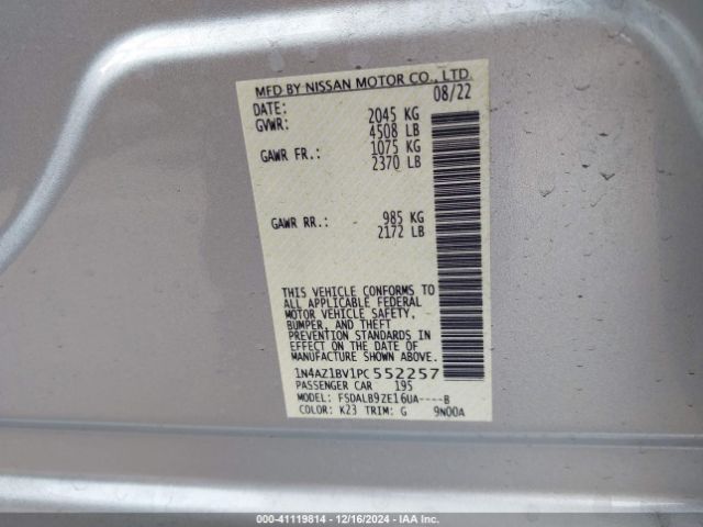 1N4AZ1BV1PC552257 Nissan Leaf S 40 Kwh